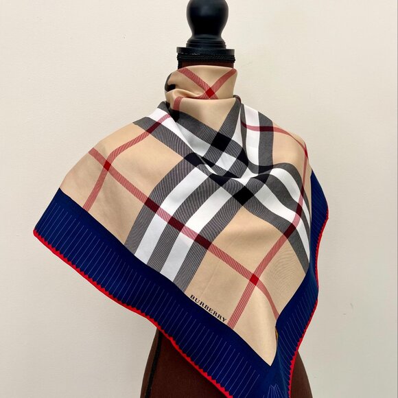 NWT Burberry Scarf Logo Iconic Beige Check Blue Border Silk Wrap - Picture 1 of 16